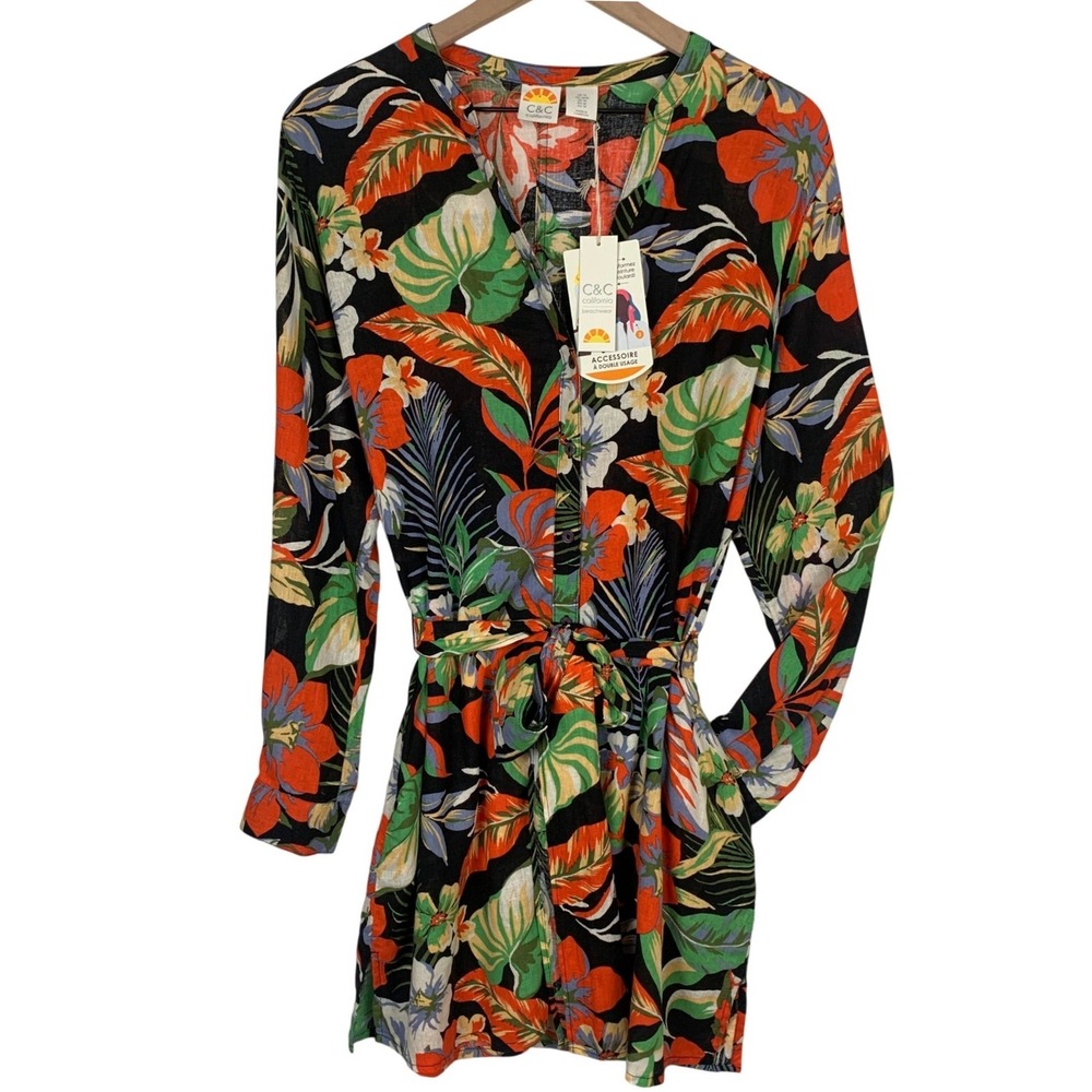 NWT C&C California Tropical Floral Linen Blend Belted Mini Dress Sz M Pockets